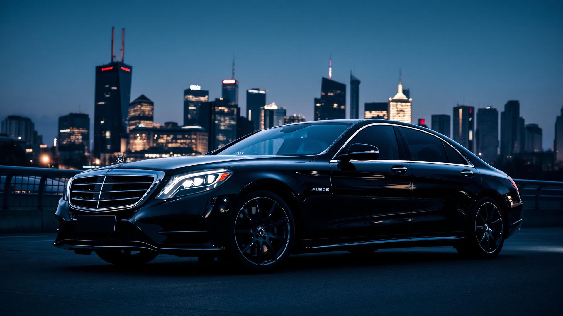 Schwarze Business-Limousine vor der Frankfurter Skyline bei Nacht